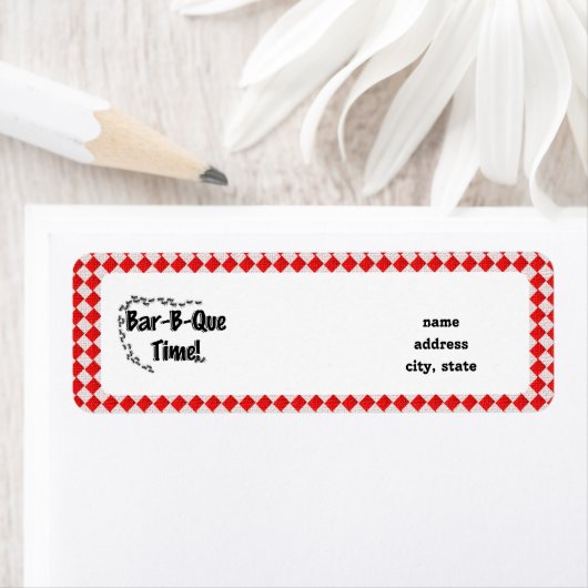 BBQタイムだ!赤い市松模様にテーブルクロス(アリ付き) ラベル (インサイチュ)