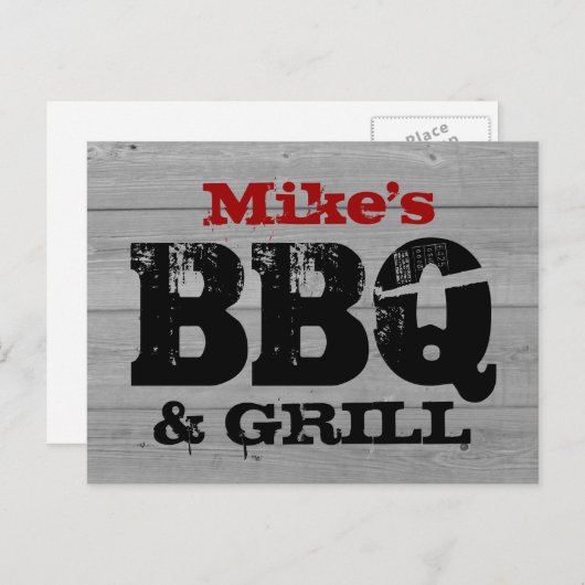 BBQパーティの招待状はがき | 木目パネル インビテーションポストカード (正面/裏面)