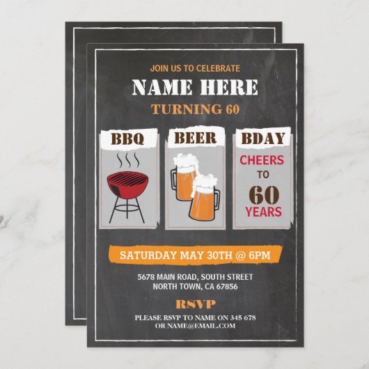 BBQビール誕生日のチョークメンズパーティの招待状 招待状 (正面/裏面)