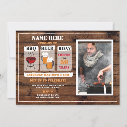 BBQビール誕生日木製メンズパーティーの写真 招待状 (正面)
