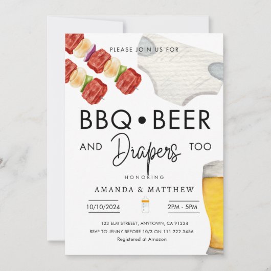 BBQビール、おむつカップルカジュアルシャワー 招待状 (正面)
