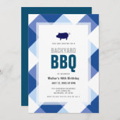 BBQピグローストネイビーギンガムアダルト誕生日 招待状 (正面/裏面)