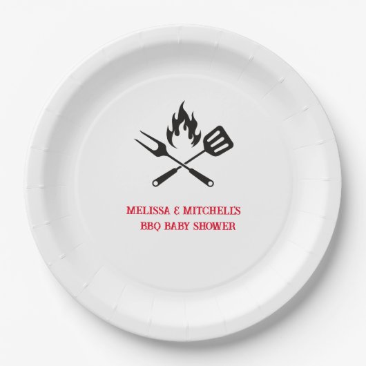 BBQフォークスプーン屋外カップル赤ちゃんシャワー ペーパープレート (正面)
