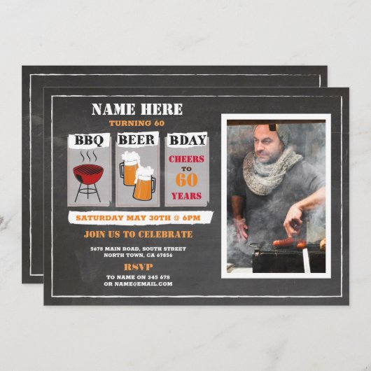 BBQベアーズ誕生日チョークメンズパーティーフォト 招待状 (正面/裏面)