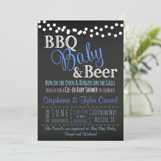 BBQベビーとビールチャルクボードボーイシャワー招待状 招待状 (スタンド正面)