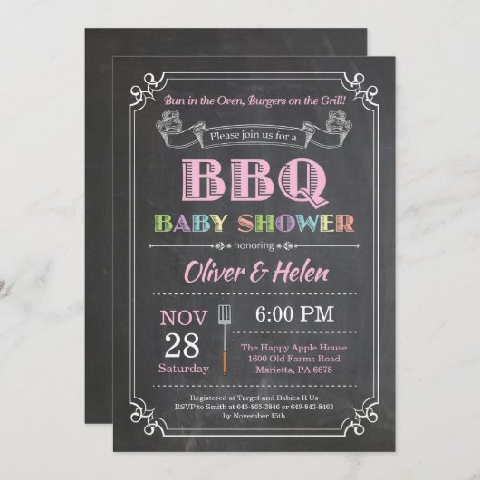 BBQベビーシャワー招待状黒板ピンク 招待状 (正面/裏面)