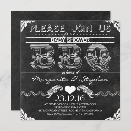 BBQベビーシャワー黒い黒板招待状 招待状 (正面/裏面)