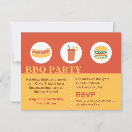 BBQホットドッグ&バーガー引っ越し祝いパーティーパーティー 招待状 (正面)