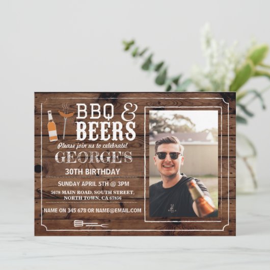 BBQ及びビール誕生会の写真の応援の木製の招待 招待状 (スタンド正面)