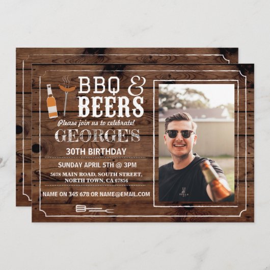 BBQ及びビール誕生会の写真の応援の木製の招待 招待状 (正面/裏面)