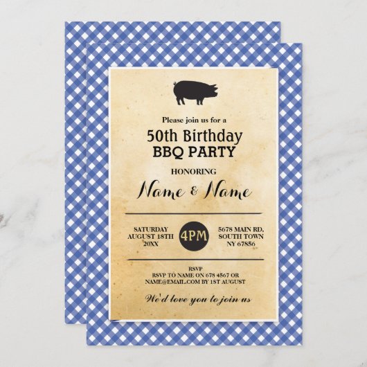 BBQ誕生日アニーエイジブルーウッ素朴ド招待状 招待状 (正面/裏面)