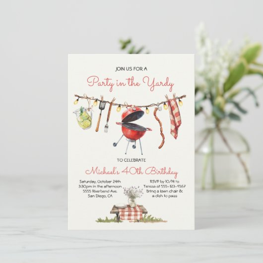 BBQ誕生日ジンガムバックヤードピクニッククロースライン 招待状 (スタンド正面)