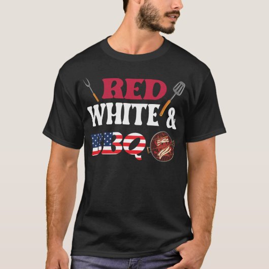 BBQ アメリカ 国旗 独立記念日 赤 白 バーベキュー Tシャツ (正面)