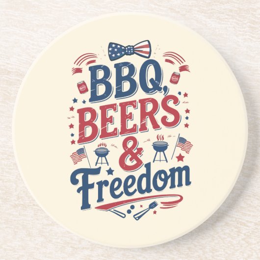 BBQ、ビール、自由 ― レトロな7月4日のビーべー コースター (正面)