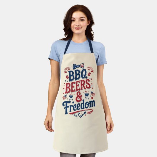 BBQ、ビール、自由 - レトロな7月4日の雰囲気 エプロン (着用した状態)