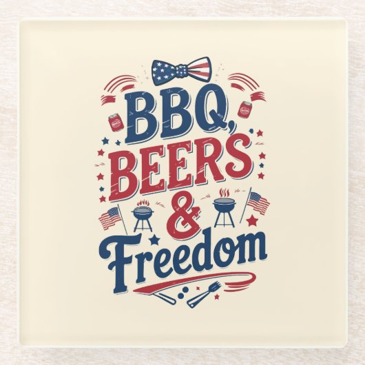 BBQ、ビール、自由 ― レトロな7月4日の雰囲気 ガラスコースター (正面)