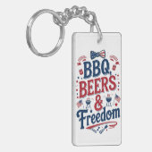 BBQ、ビール、自由 - レトロな7月4日の雰囲気 キーホルダー (正面左)