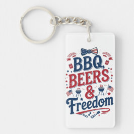 BBQ、ビール、自由 - レトロな7月4日の雰囲気 キーホルダー
