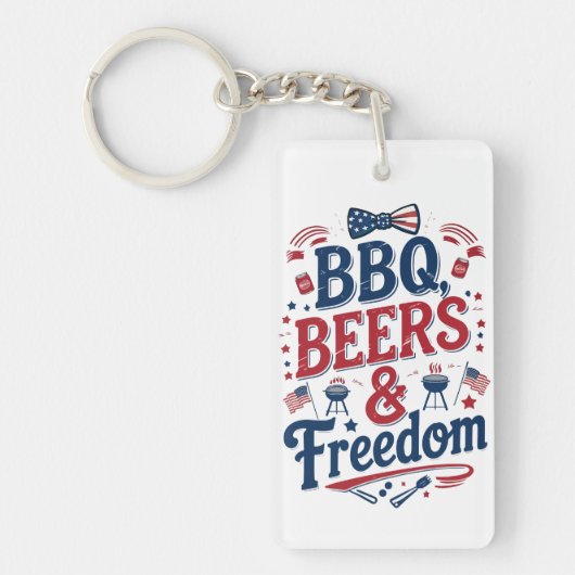 BBQ、ビール、自由 - レトロな7月4日の雰囲気 キーホルダー (正面)