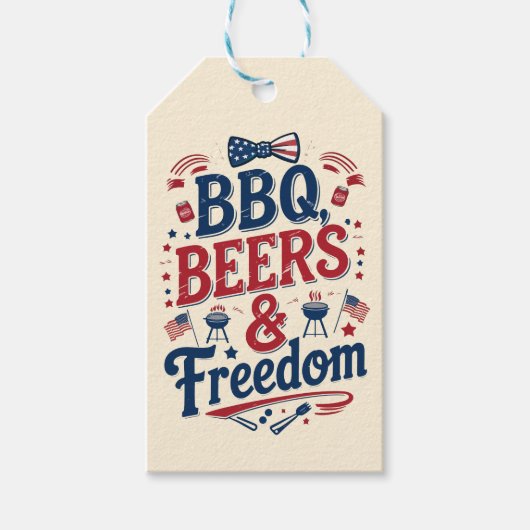 BBQ、ビール、自由 - レトロな7月4日の雰囲気 ギフトタグ (正面)