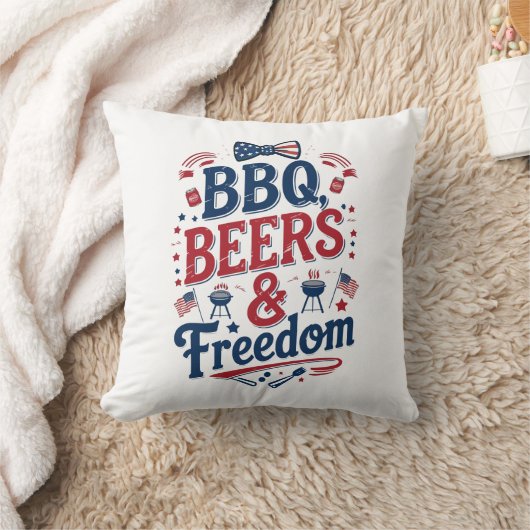 BBQ、ビール、自由 - レトロな7月4日の雰囲気 クッション (ブランケット)