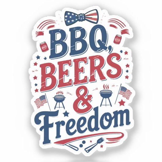 BBQ、ビール、自由 - レトロな7月4日の雰囲気 シール (正面)