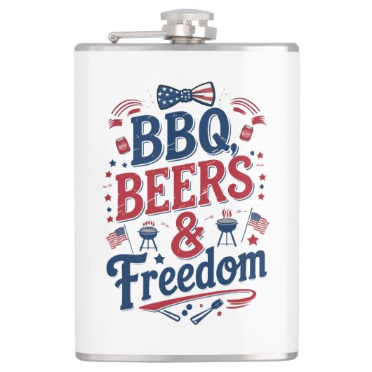 BBQ、ビール、自由 - レトロな7月4日の雰囲気 フラスク (正面)