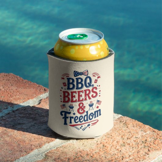 BBQ、ビール、自由 - レトロな7月4日の雰囲気 缶クーラー (インサイチュ プール)