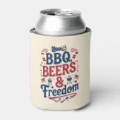 BBQ、ビール、自由 - レトロな7月4日の雰囲気 缶クーラー (缶正面)