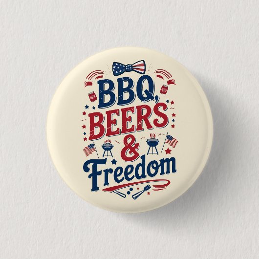 BBQ、ビール、自由 - レトロな7月4日の雰囲気 缶バッジ (正面)