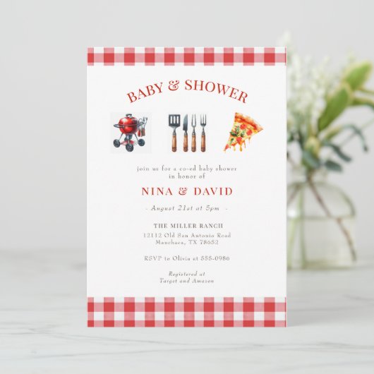 BBQ ピザの性別発表 赤ちゃんシャワー 招待状 (スタンド正面)
