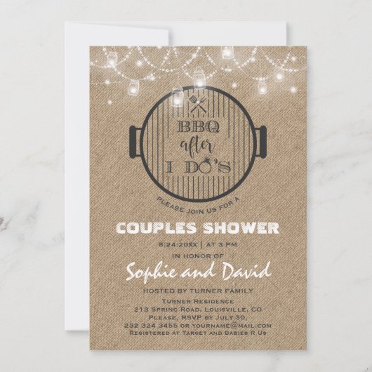 BBQ After I'S Burlap String Lightsグリル 招待状 (正面)