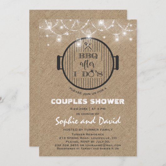 BBQ After I'S Burlap String Lightsグリル 招待状 (正面/裏面)