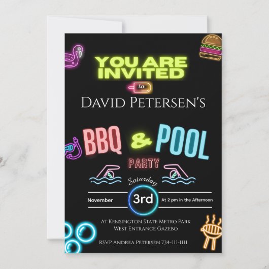 BBQ and Pool Party Neon Birthday Invitation 招待状 (正面)