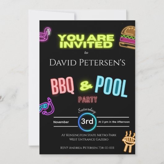 BBQ and Pool Party Neon Birthday Invitation 招待状 (正面)