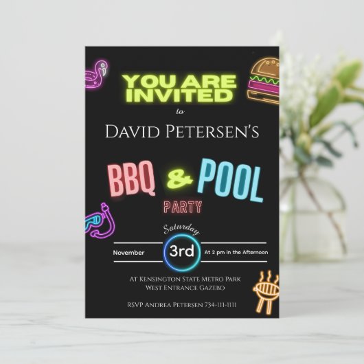BBQ and Pool Party Neon Birthday Invitation 招待状 (スタンド正面)