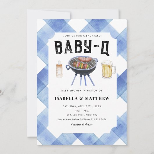 BBQ Baby Shower Blue Gingham Baby-Q 招待状 (正面)