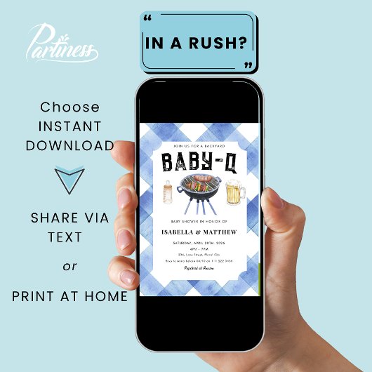 BBQ Baby Shower Blue Gingham Baby-Q 招待状