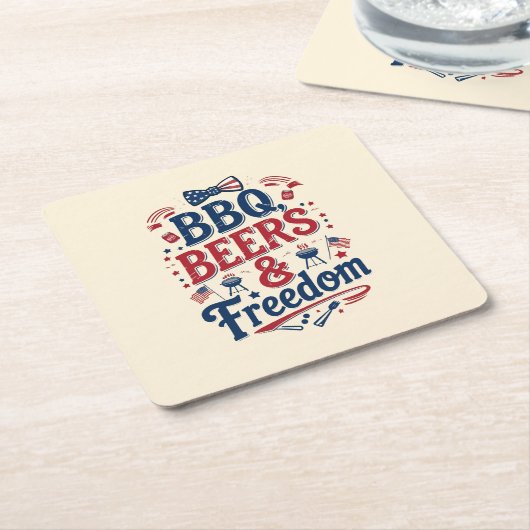 BBQ, Beers & Freedom – Retro 4th of July Vibes スクエアペーパーコースター (アングル)