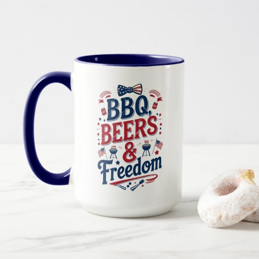BBQ, Beers & Freedom – Retro 4th of July Vibes マグカップ (ドーナツ付き)