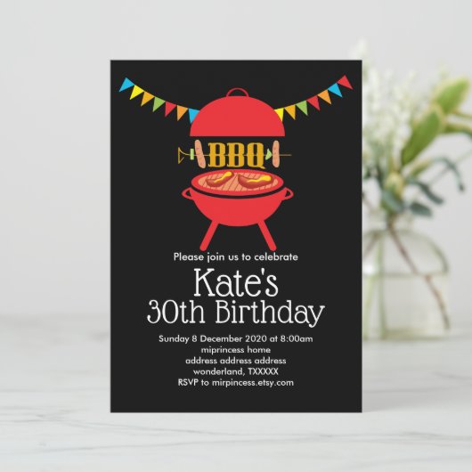 bbq birthday party, barbecue, bbq grill 招待状 (スタンド正面)