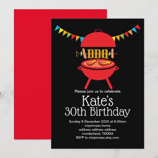 bbq birthday party, barbecue, bbq grill 招待状 (正面/裏面)