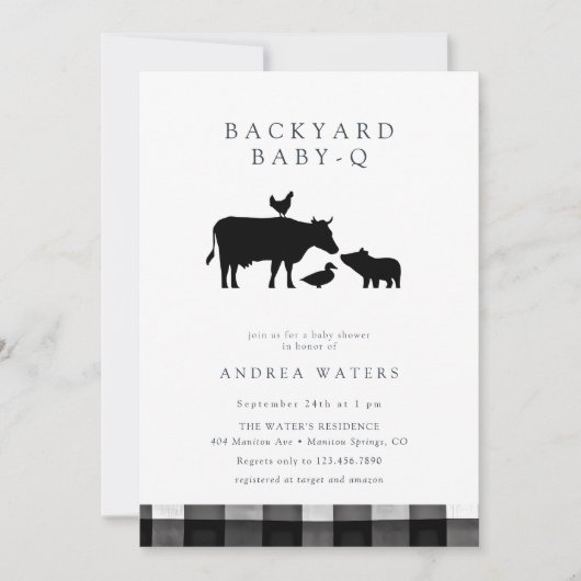 BBQ | Gingham Black | Rustic Baby Shower 招待状 (正面)