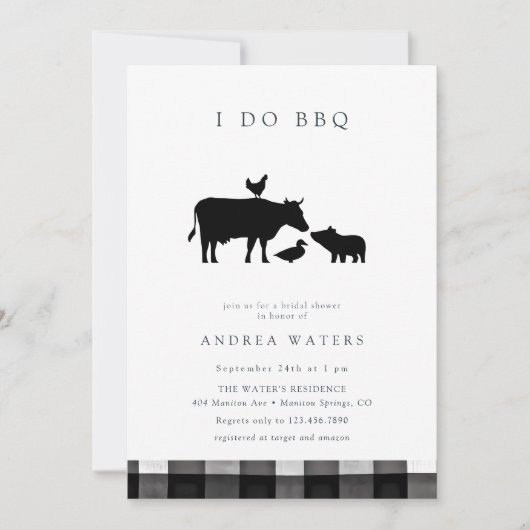 BBQ | Gingham Black | Rustic Bridal Shower 招待状 (正面)