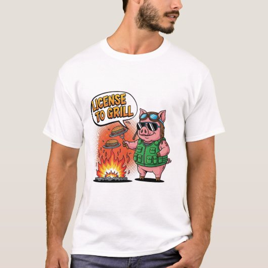 BBQ Pigをグリルすおもしろいるライセンス Tシャツ (正面)