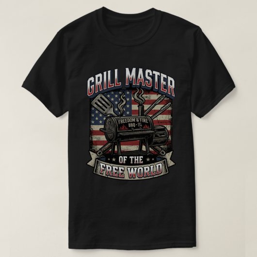 BBQ Pit Master Freedom USA バーベキュー フラグ Tシャツ (デザイン正面)