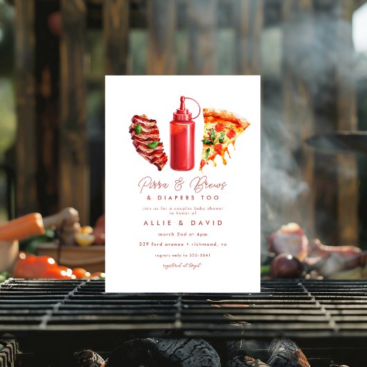 BBQ Pizza gender natural baby shower 招待状