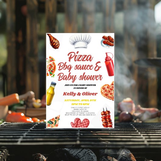 BBQ Pizza gender natural baby shower 招待状