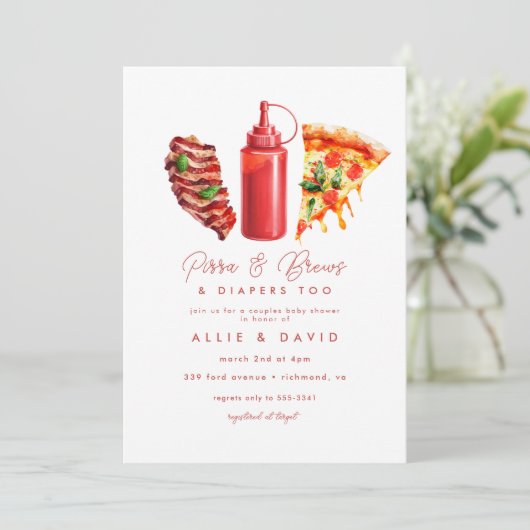 BBQ Pizza gender natural baby shower 招待状 (スタンド正面)