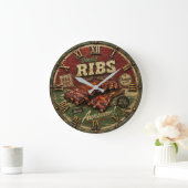 BBQ Ribs Smokehouse Barbecue Grill Master Gift ラージ壁時計 (ホーム)